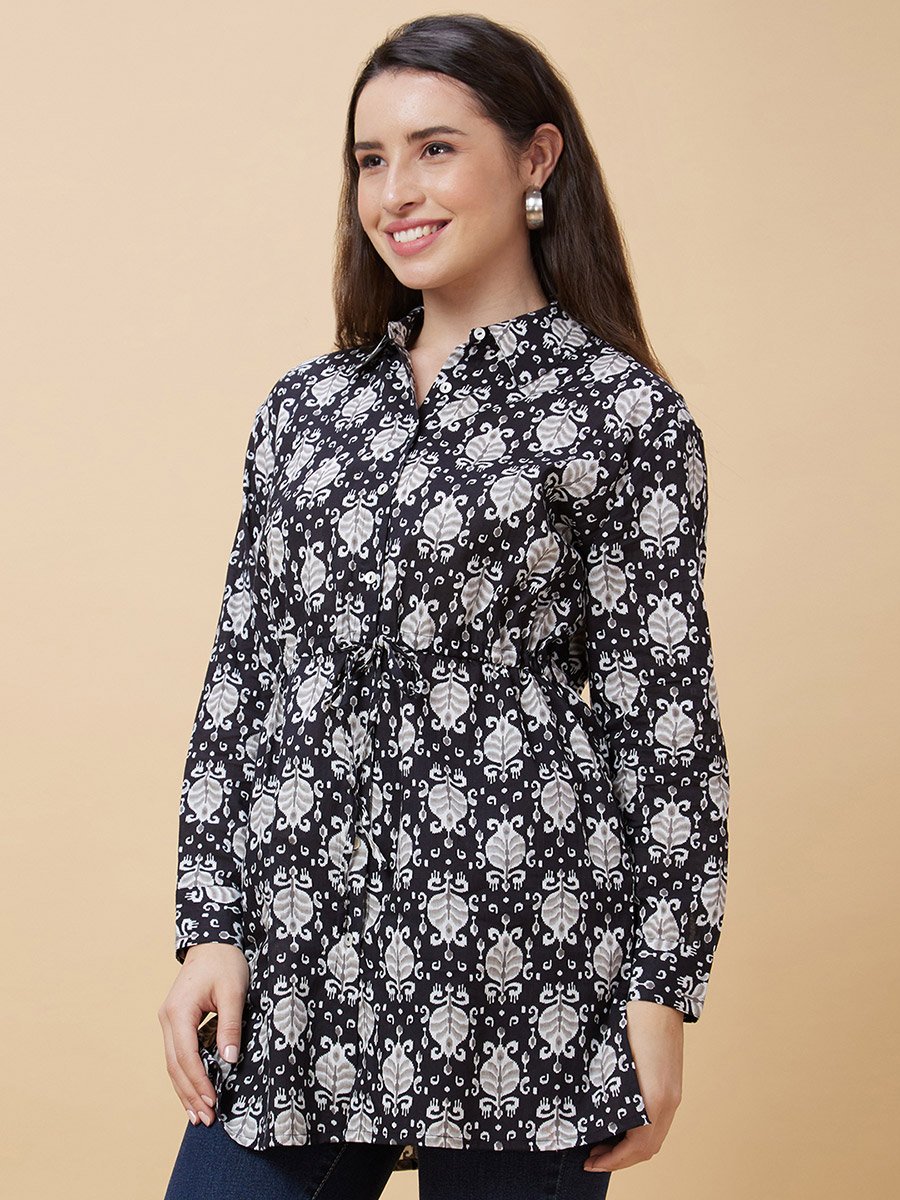 Black Ethnic Print Tie-Up Tunic