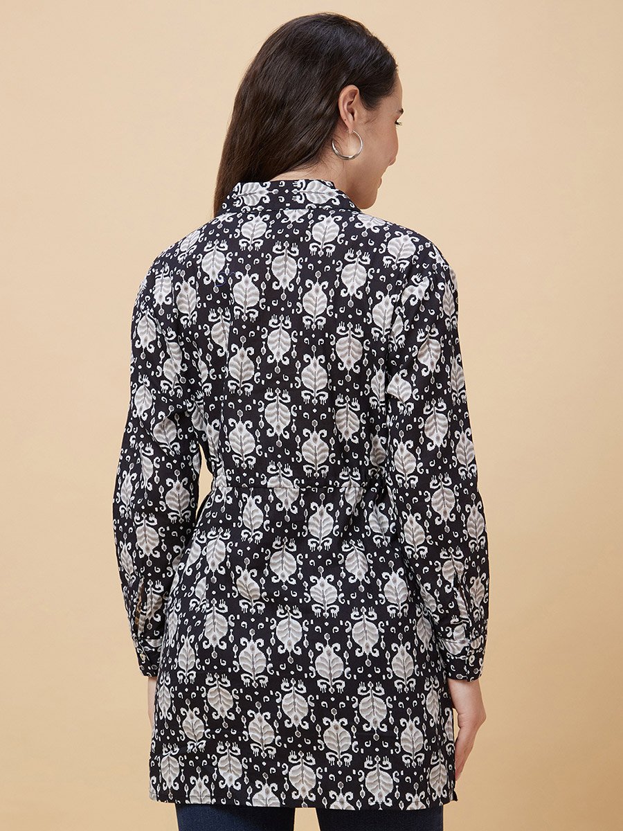 Black Ethnic Print Tie-Up Tunic