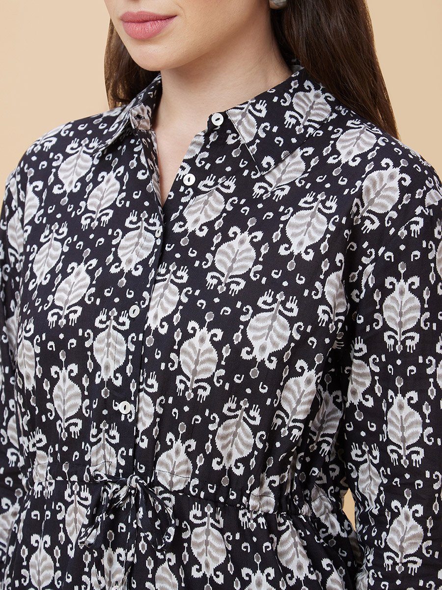 Black Ethnic Print Tie-Up Tunic