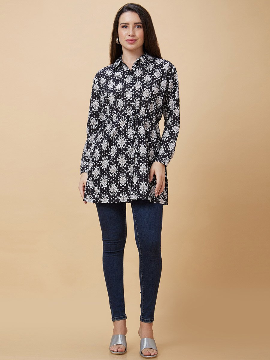 Black Ethnic Print Tie-Up Tunic