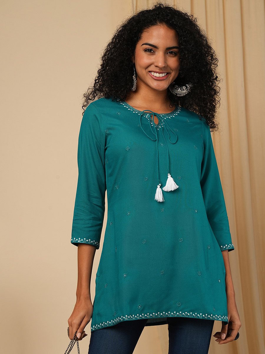 Green Embellished Tie -Up Workwear Tunic