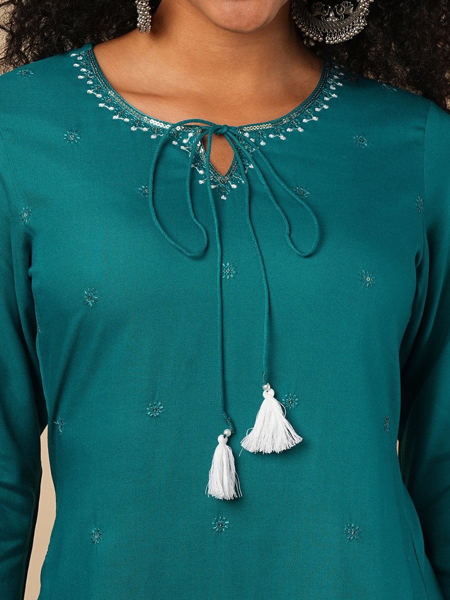 Green Embellished Tie -Up Workwear Tunic