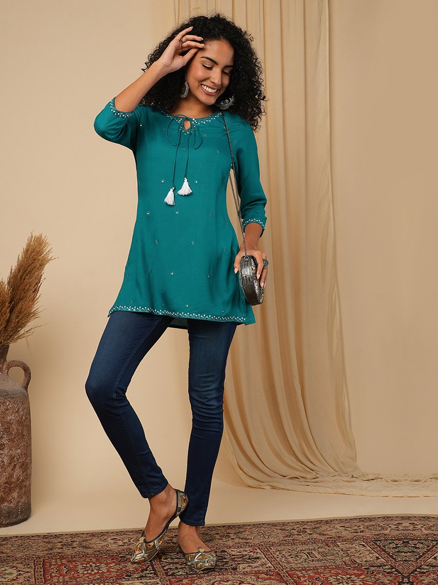 Green Embellished Tie -Up Workwear Tunic