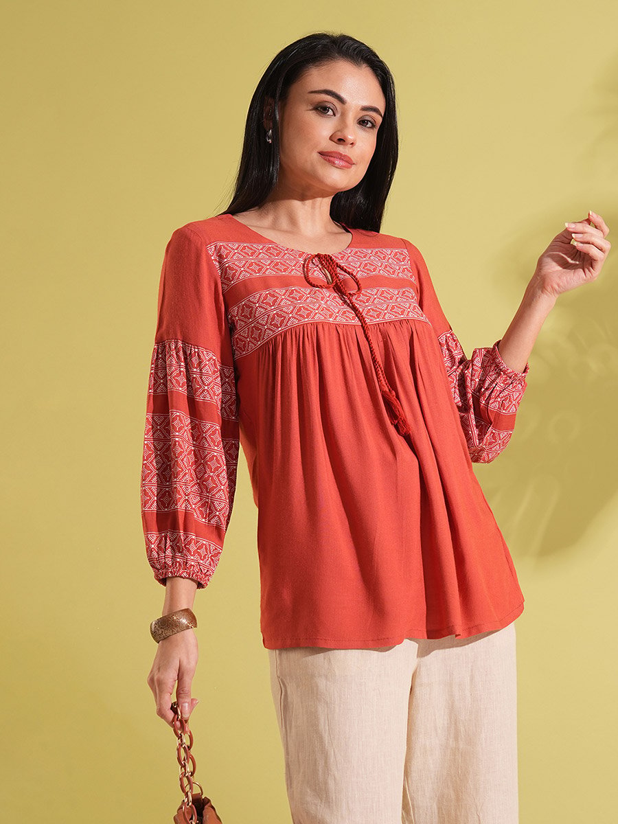 Rust Tie-Up Ethnic Print Workwear Tunic