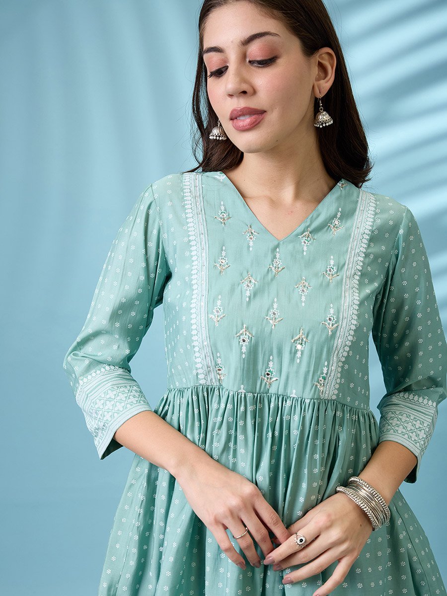 Green Ethnic Print Sequined Detail Tunic