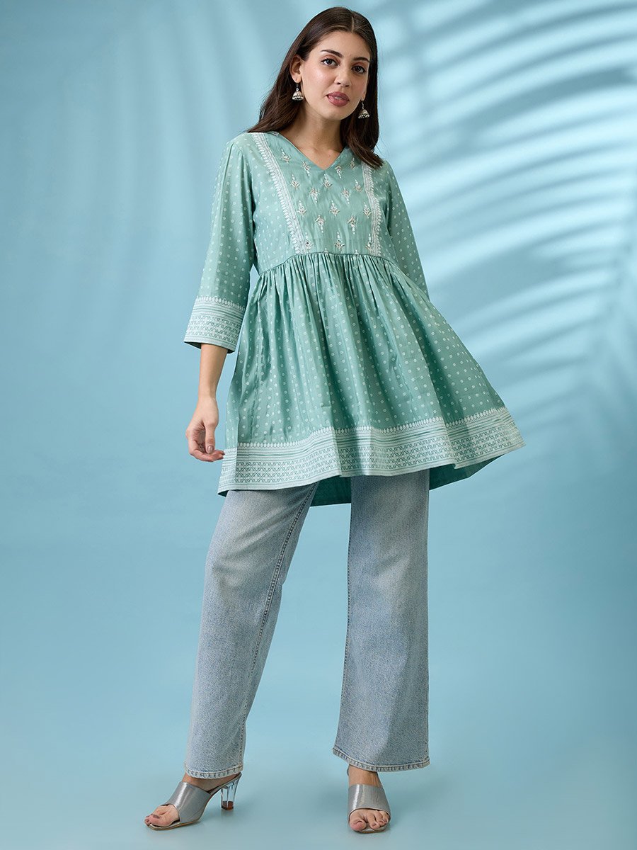 Green Ethnic Print Sequined Detail Tunic