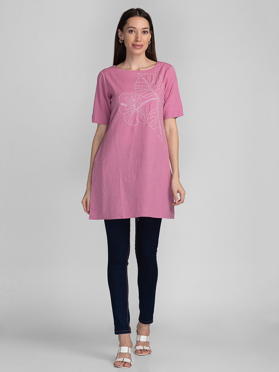Pink Embroidery Detail Longline Tunic