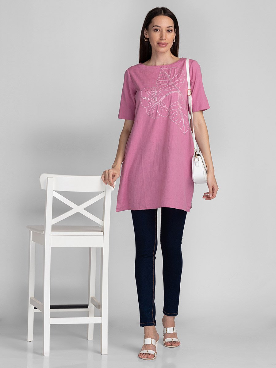 Pink Embroidery Detail Longline Tunic