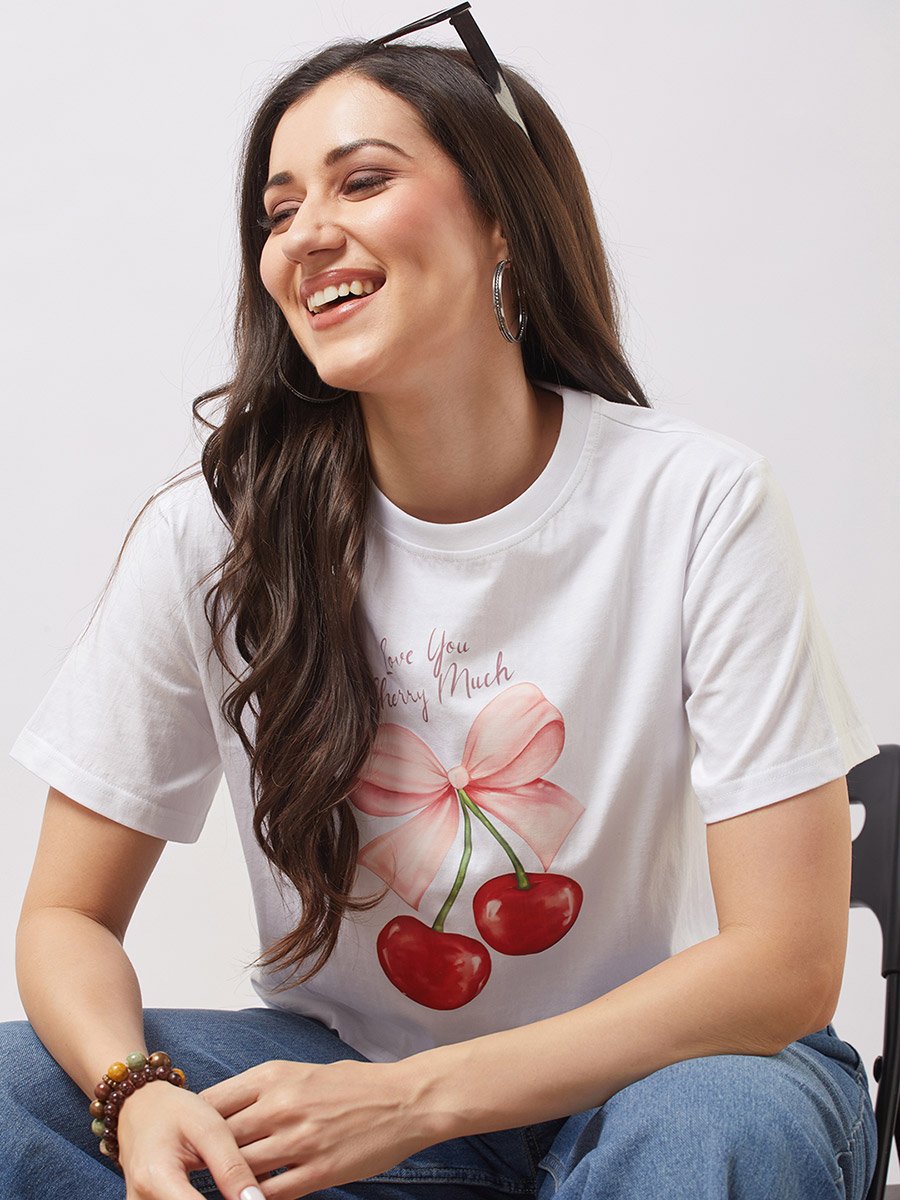 White Cherry Print Boxy Crop T-Shirt For Women at UAE | Styli
