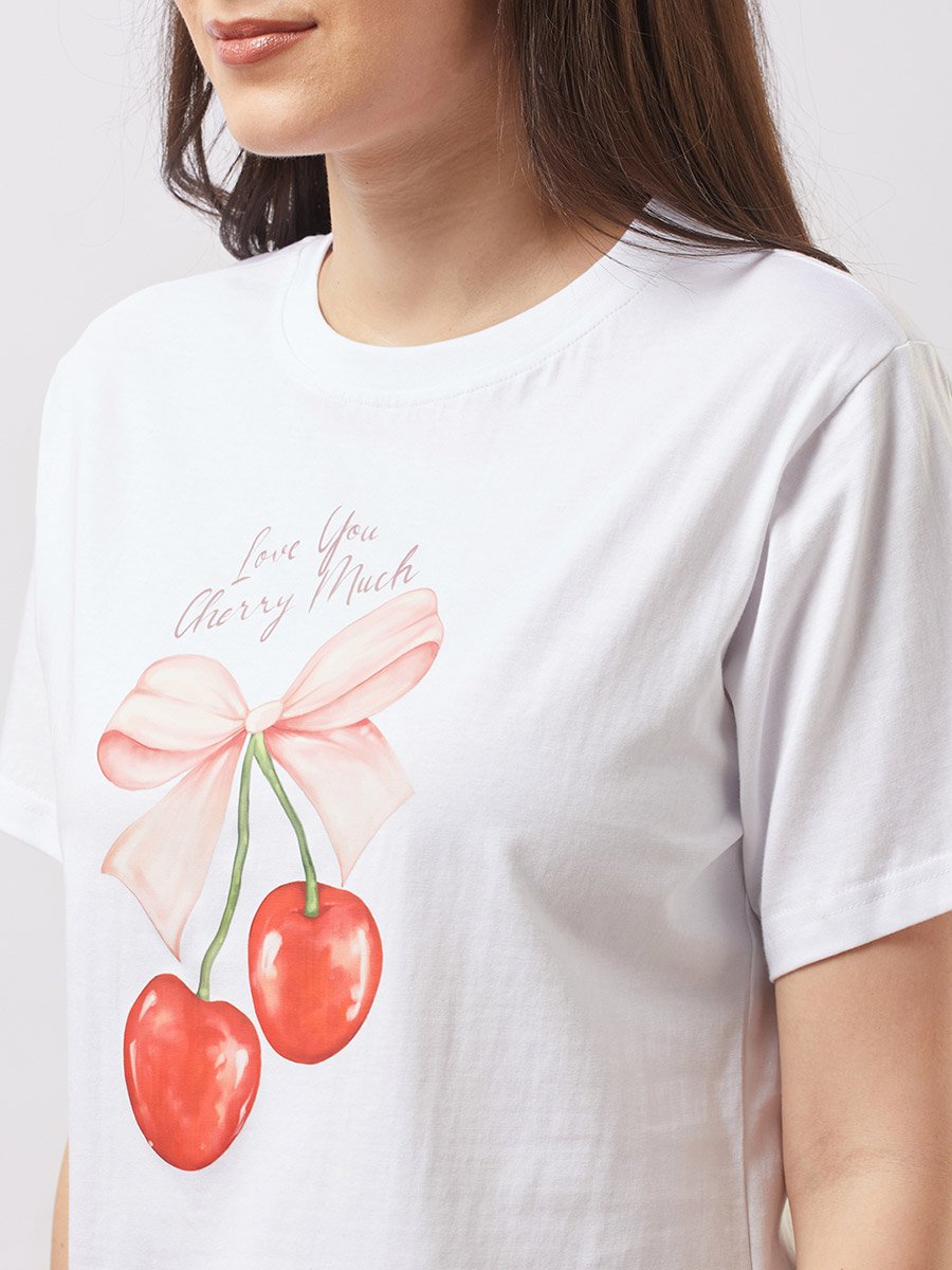 White Cherry Print Boxy Crop T-Shirt For Women at UAE | Styli