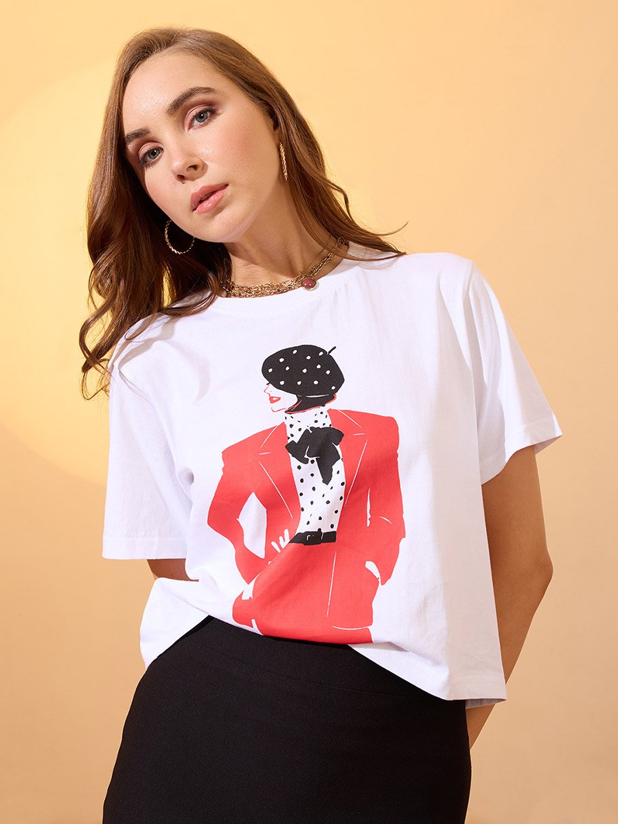 White Lady Graphic Print Boxy Crop T-Shirt