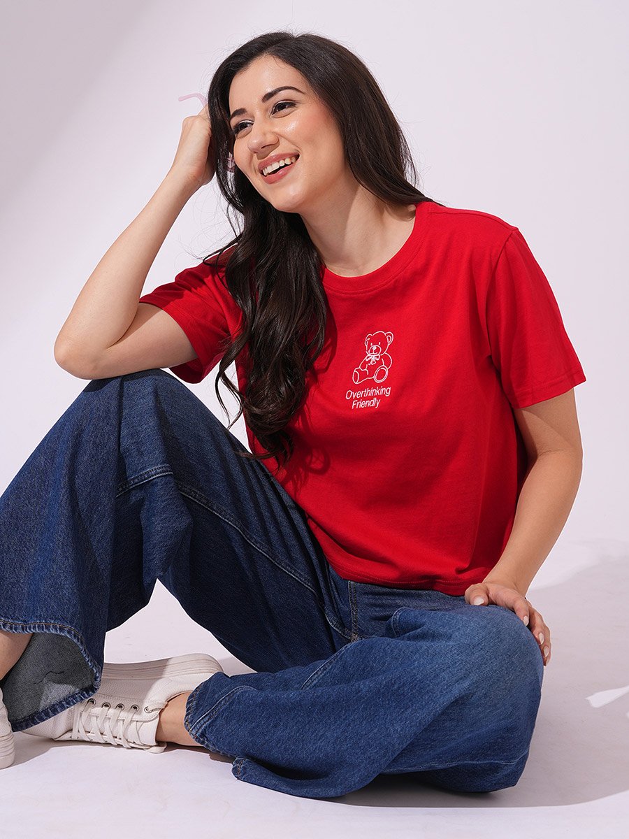 Red Bear Embroidered Boxy Crop T-Shirt