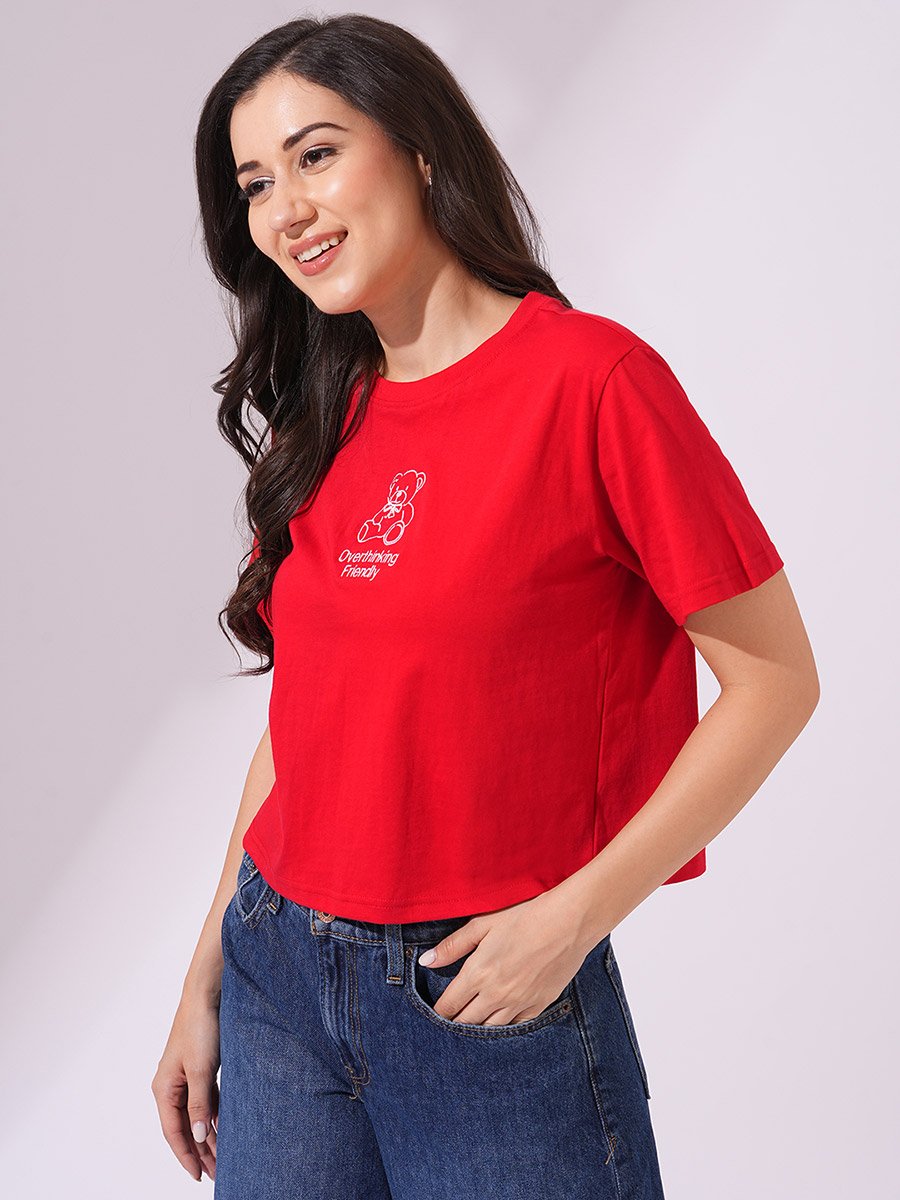 Red Bear Embroidered Boxy Crop T-Shirt