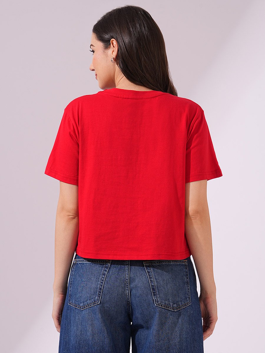 Red Bear Embroidered Boxy Crop T-Shirt