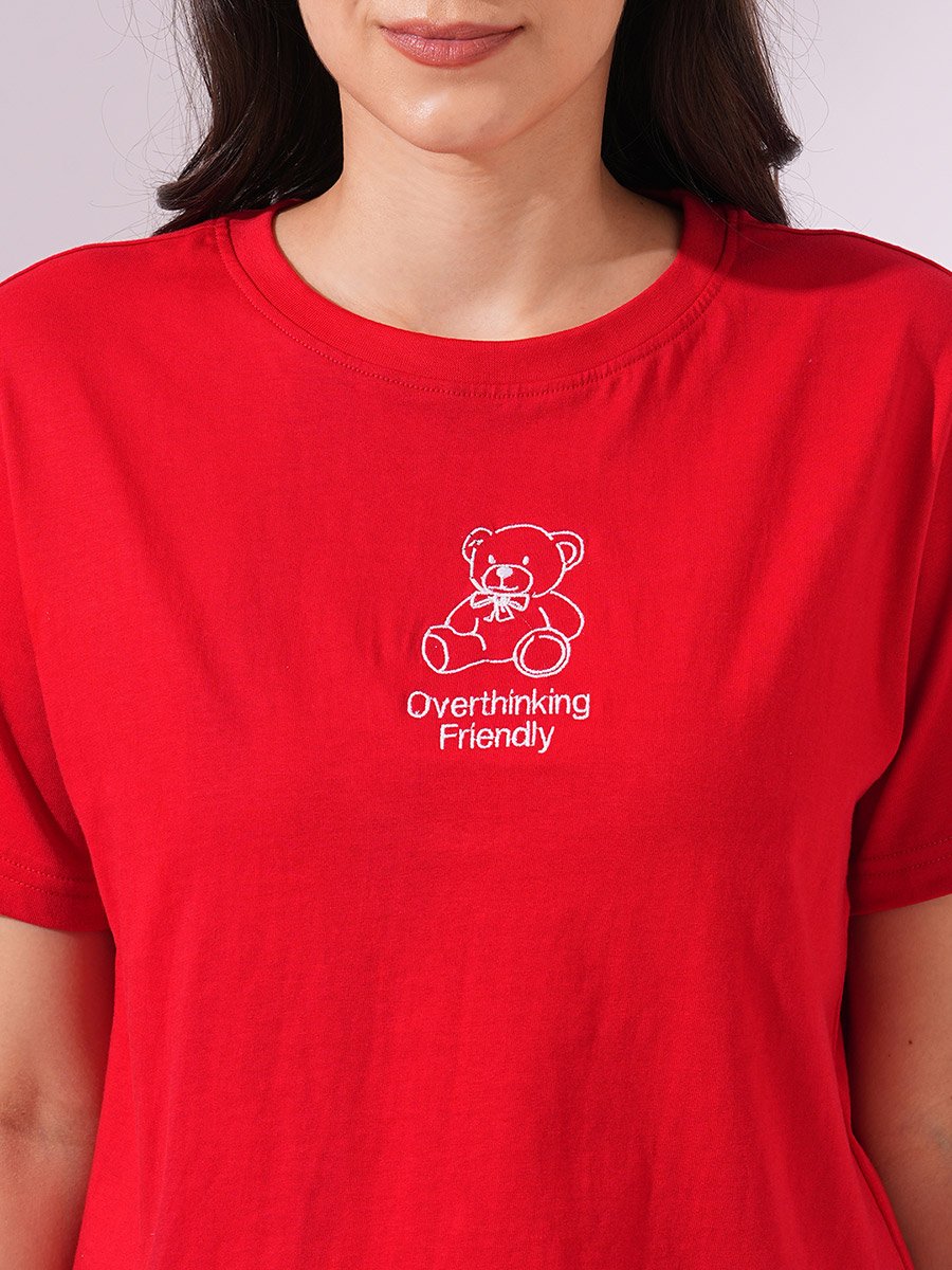 Red Bear Embroidered Boxy Crop T-Shirt