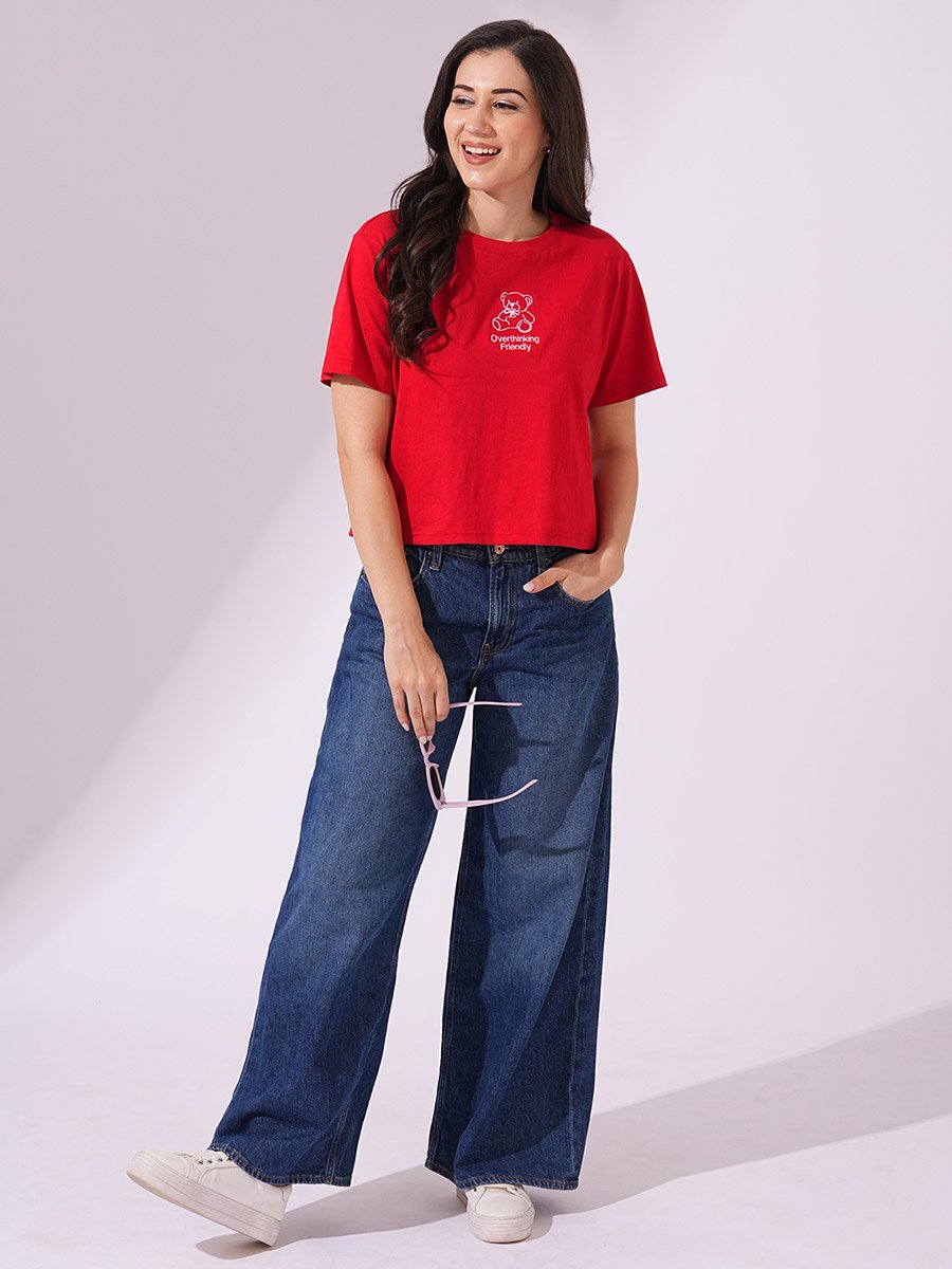 Red Bear Embroidered Boxy Crop T-Shirt