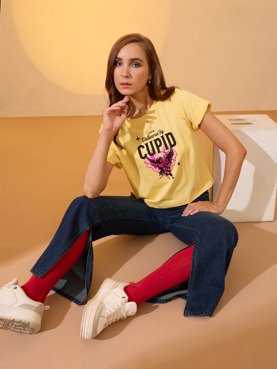Yellow Graphic Print Boxy Crop T-Shirt