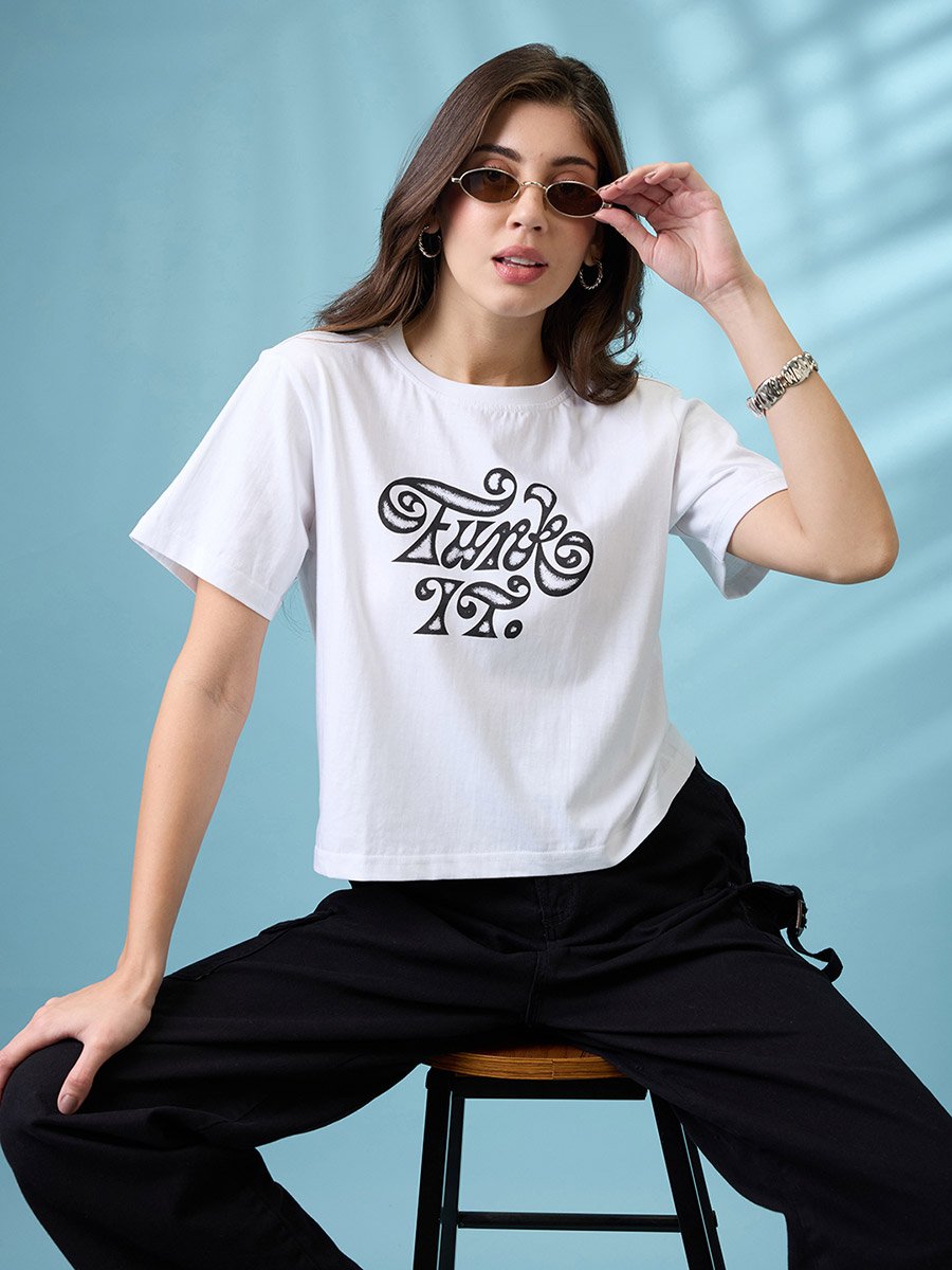 White Graphic Print Boxy Crop T-Shirt