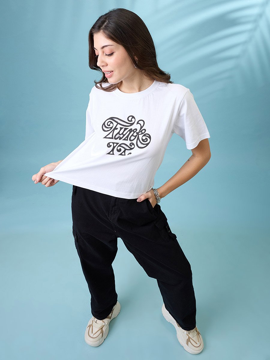White Graphic Print Boxy Crop T-Shirt