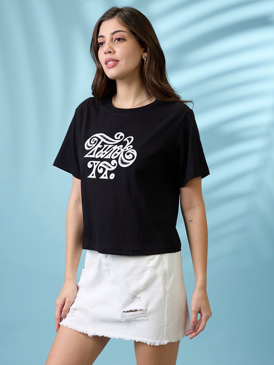 Black Graphic Print Boxy Crop T-Shirt