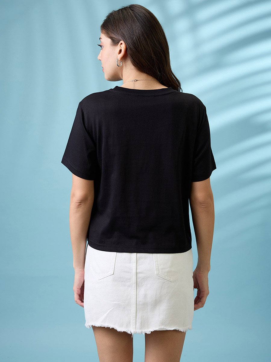 Black Graphic Print Boxy Crop T-Shirt