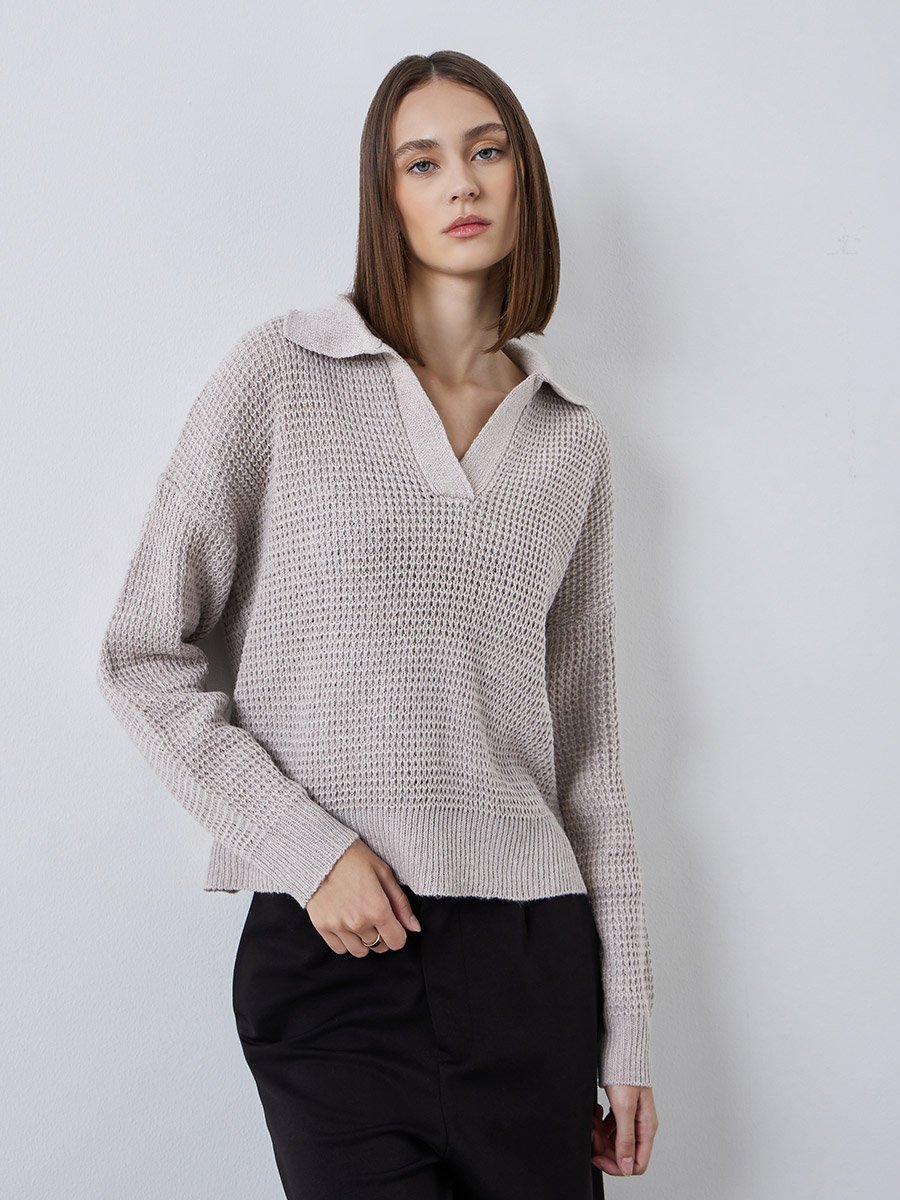 Beige Textured Knit Open Collar Polo T-Shirt