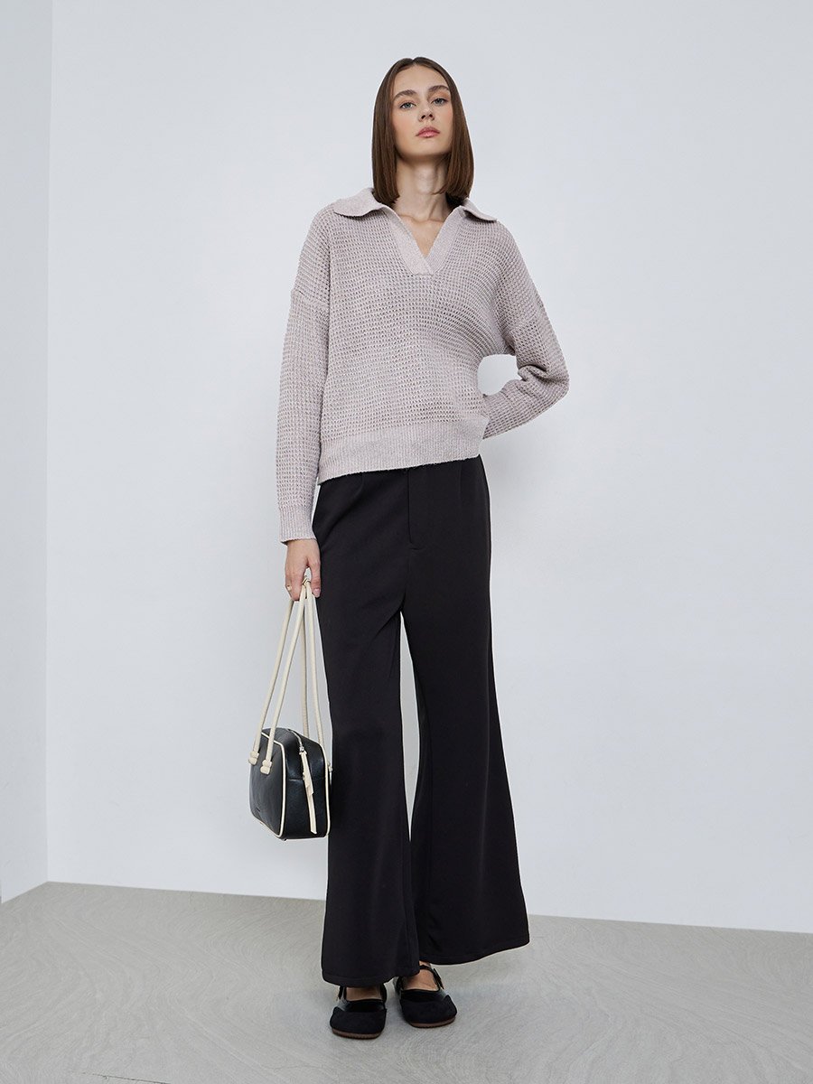 Beige Textured Knit Open Collar Polo T-Shirt