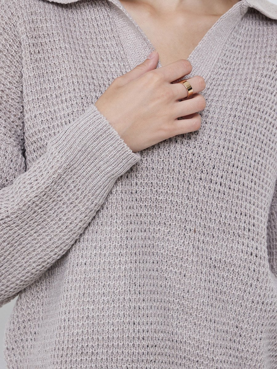 Beige Textured Knit Open Collar Polo T-Shirt