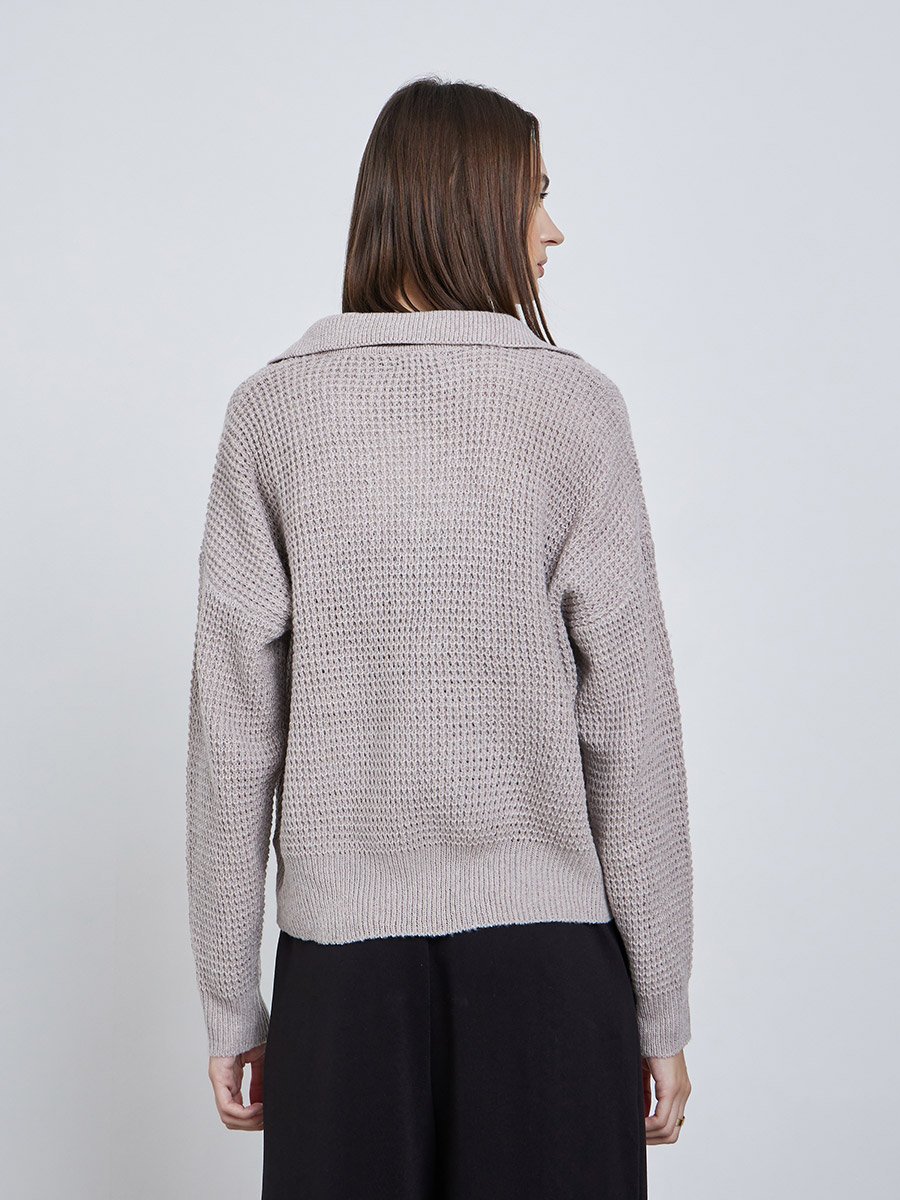 Beige Textured Knit Open Collar Polo T-Shirt