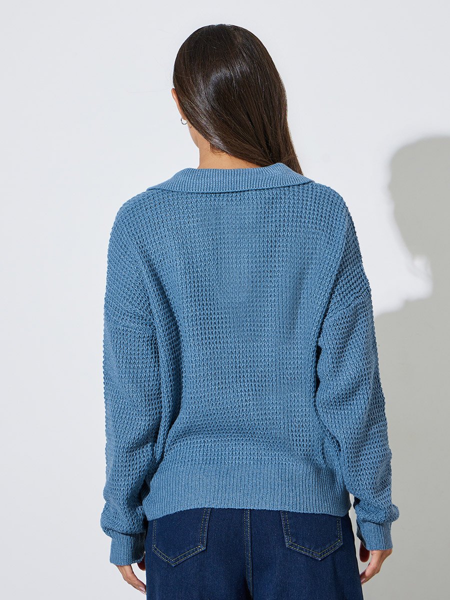 Blue Textured Knit Open Collar Polo T-Shirt