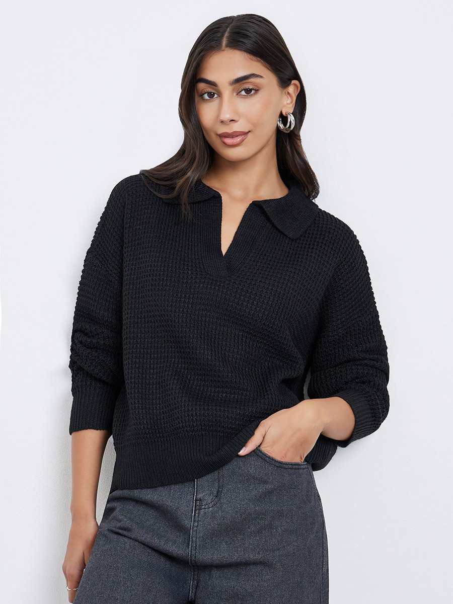 Black Textured Knit Open Collar Polo T-Shirt