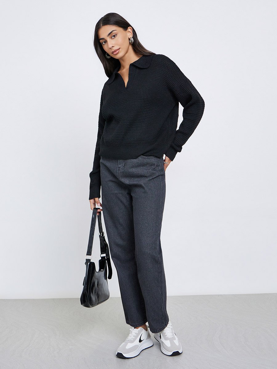 Black Textured Knit Open Collar Polo T-Shirt