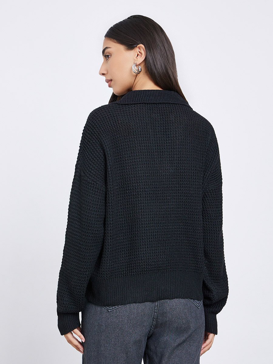 Black Textured Knit Open Collar Polo T-Shirt