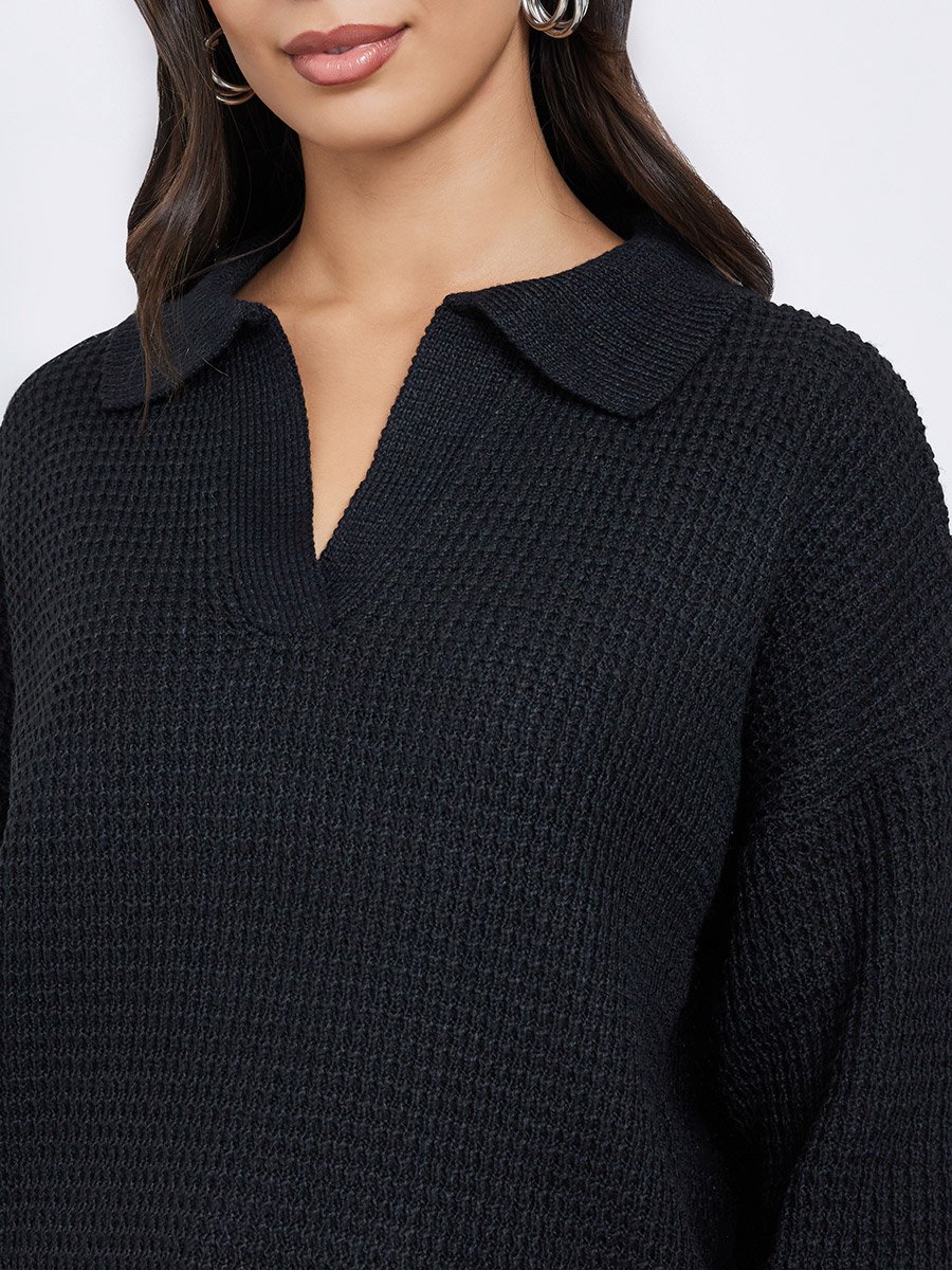 Black Textured Knit Open Collar Polo T-Shirt