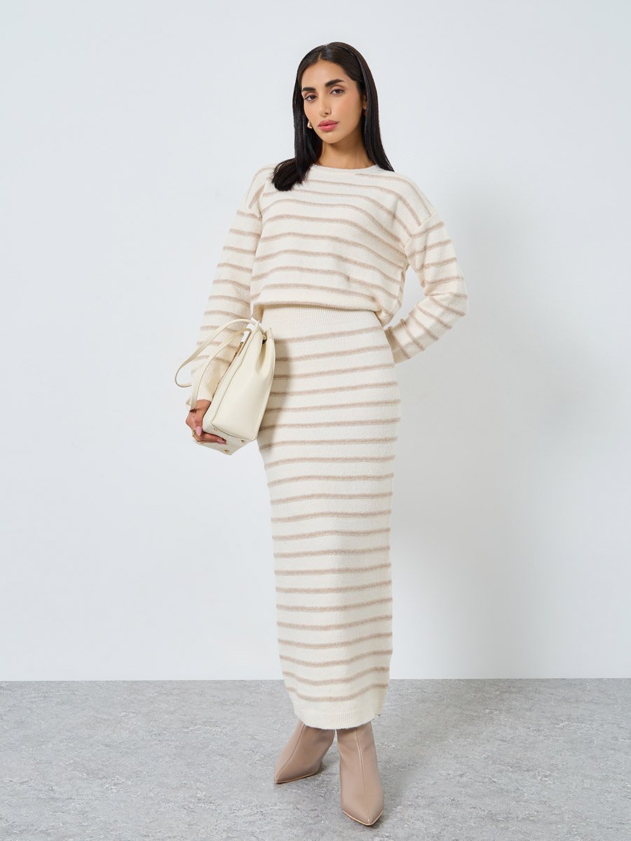 Cream Ribbed Striped Sweater Maxi Dress