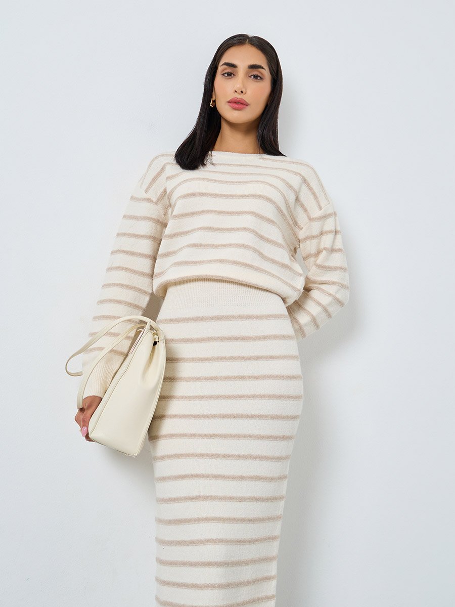 Cream Ribbed Striped Sweater Maxi Dress