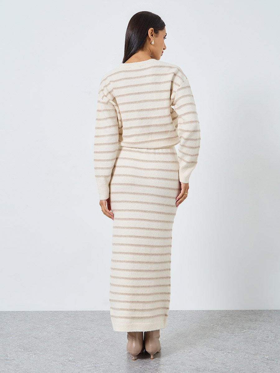 Cream Ribbed Striped Sweater Maxi Dress