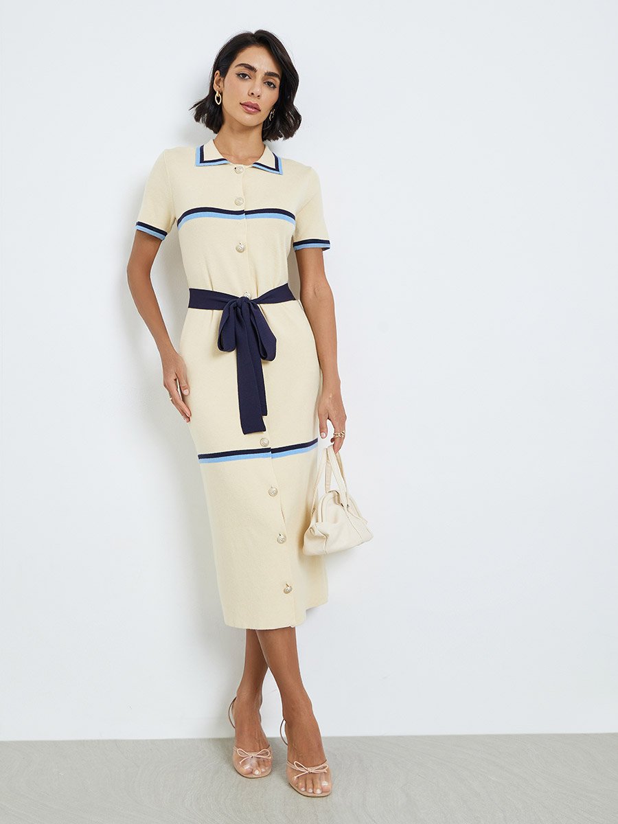Women Cream Knit Midi Dress with Contrast Trim