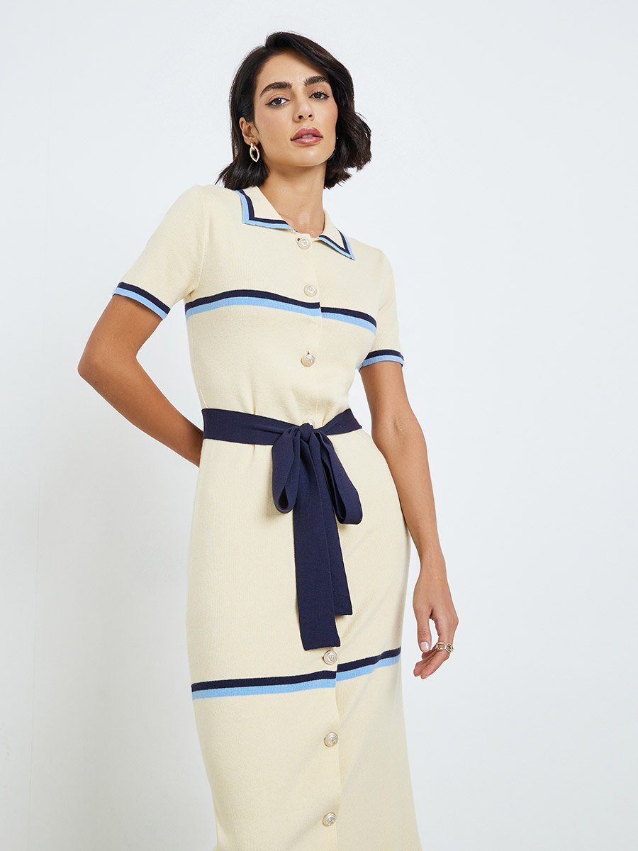 Women Cream Knit Midi Dress with Contrast Trim