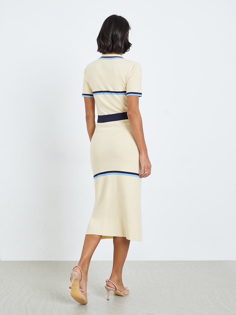 Women Cream Knit Midi Dress with Contrast Trim