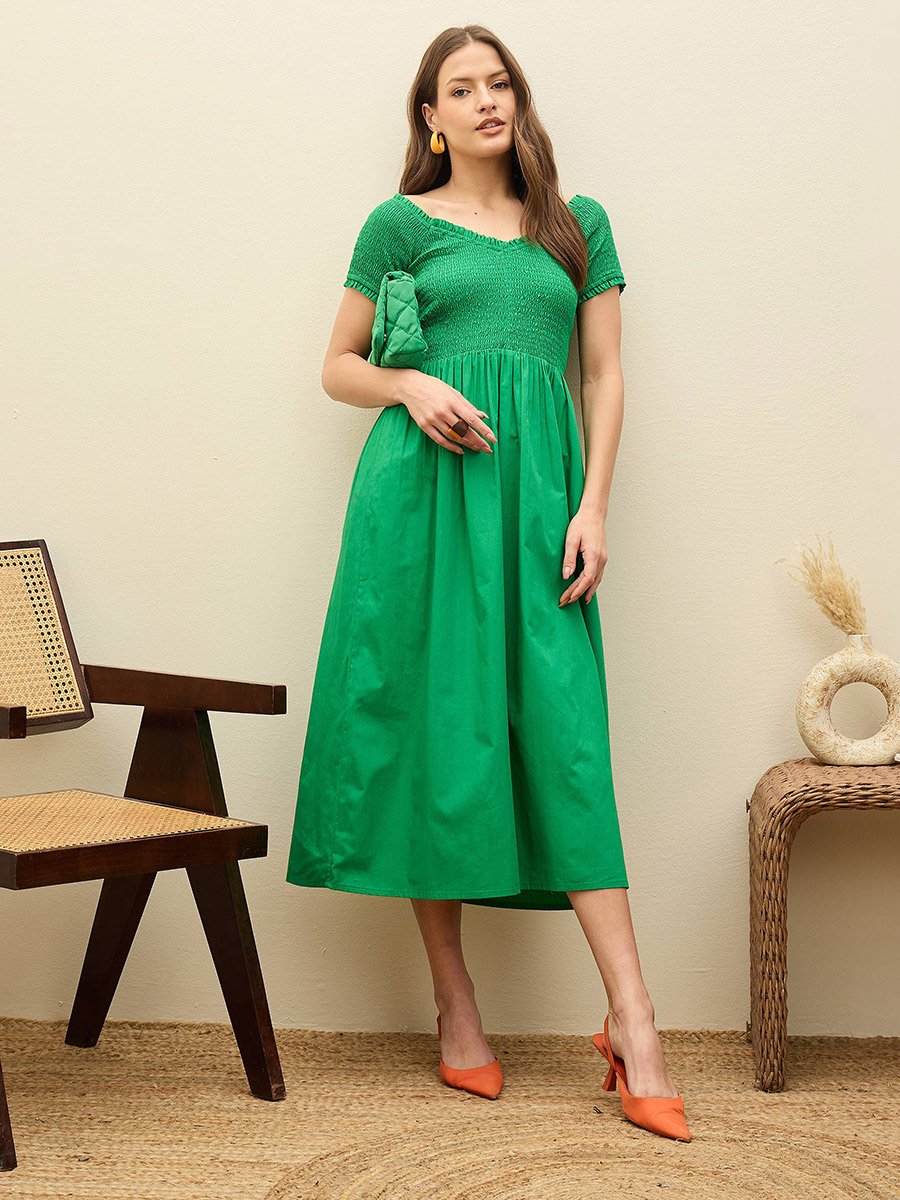 Emerald Green Smocked Detail Midi Dress