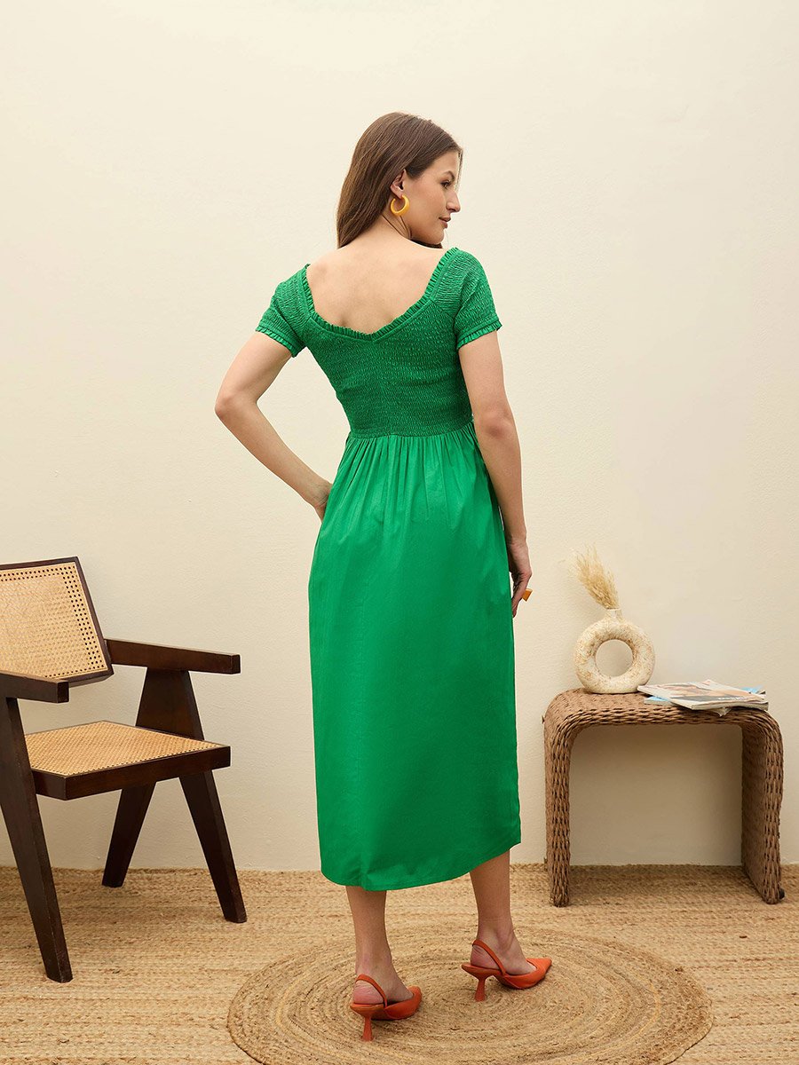 Emerald Green Smocked Detail Midi Dress