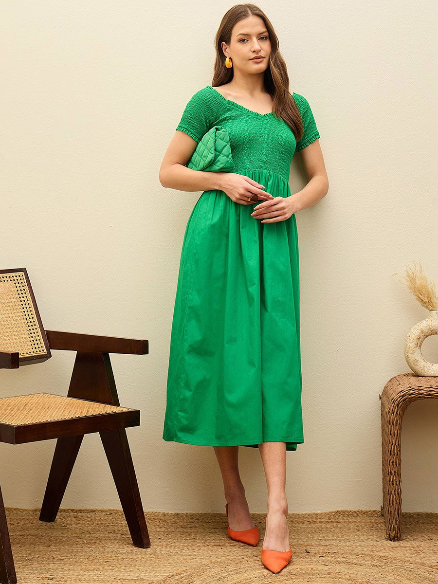Emerald Green Smocked Detail Midi Dress