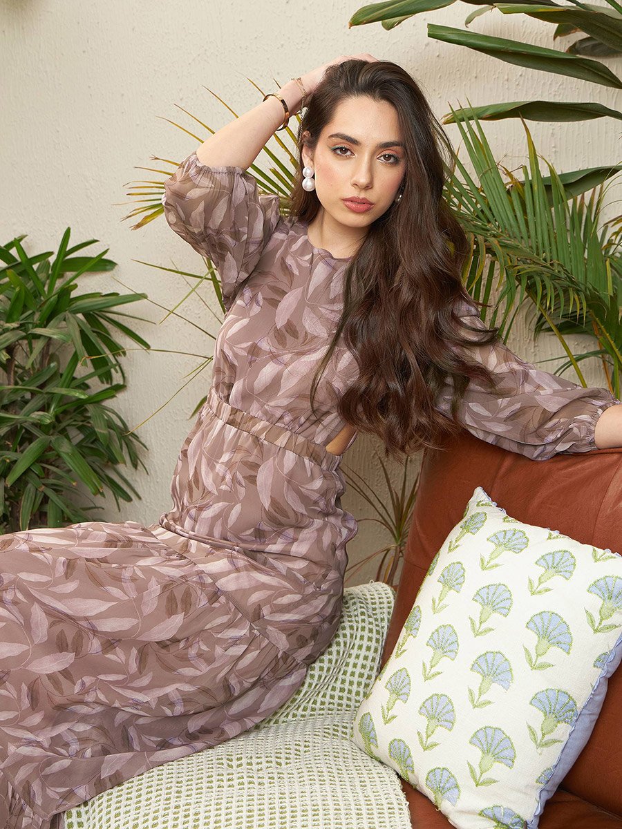 Brown Leaf Print A-Line Midi Dress