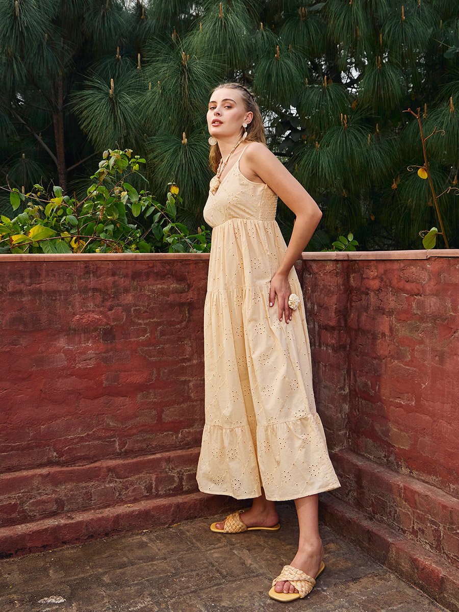 Beige Strappy A-Line Maxi Dress