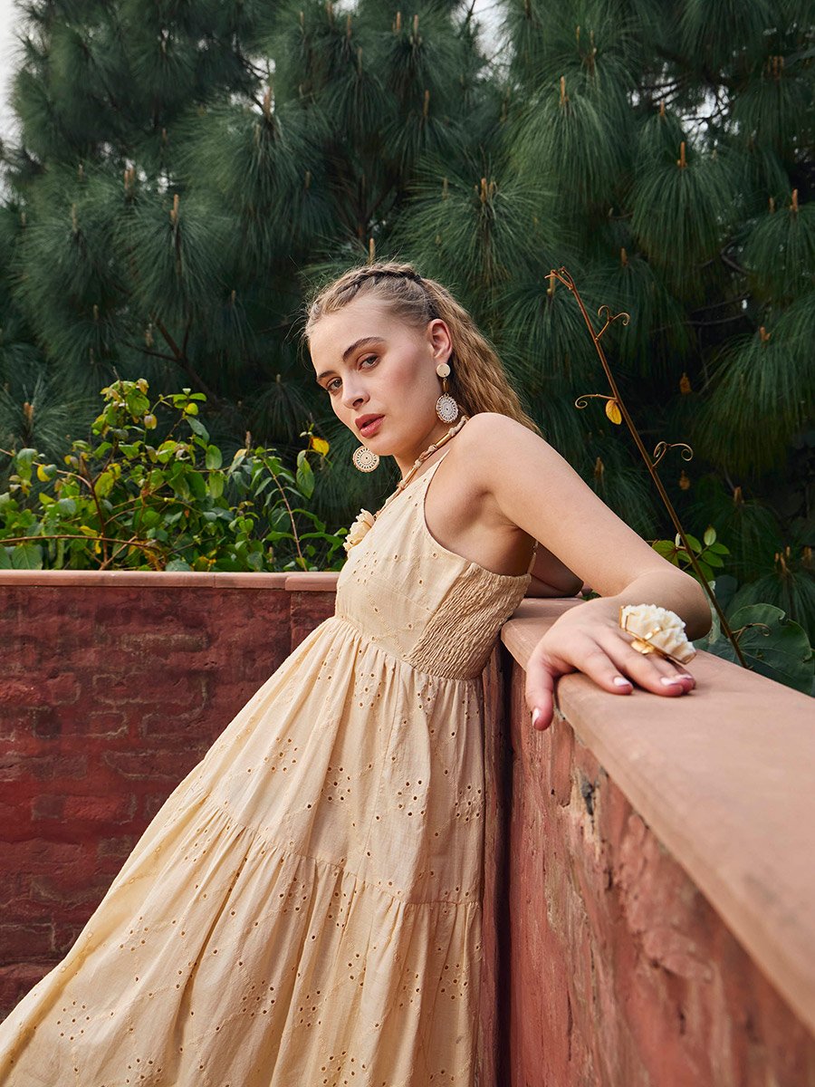 Beige Strappy A-Line Maxi Dress