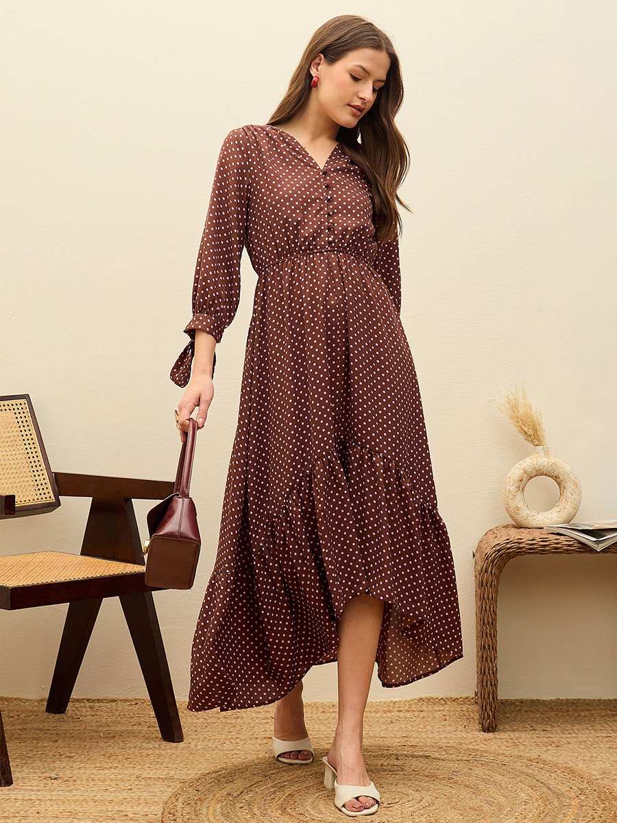 Brown Polka Dot Asymmetric Hem Maxi Dress