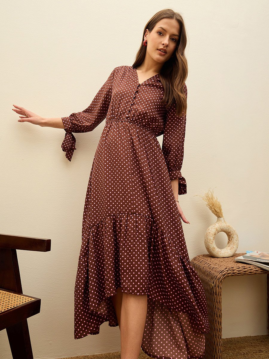 Brown Polka Dot Asymmetric Hem Maxi Dress
