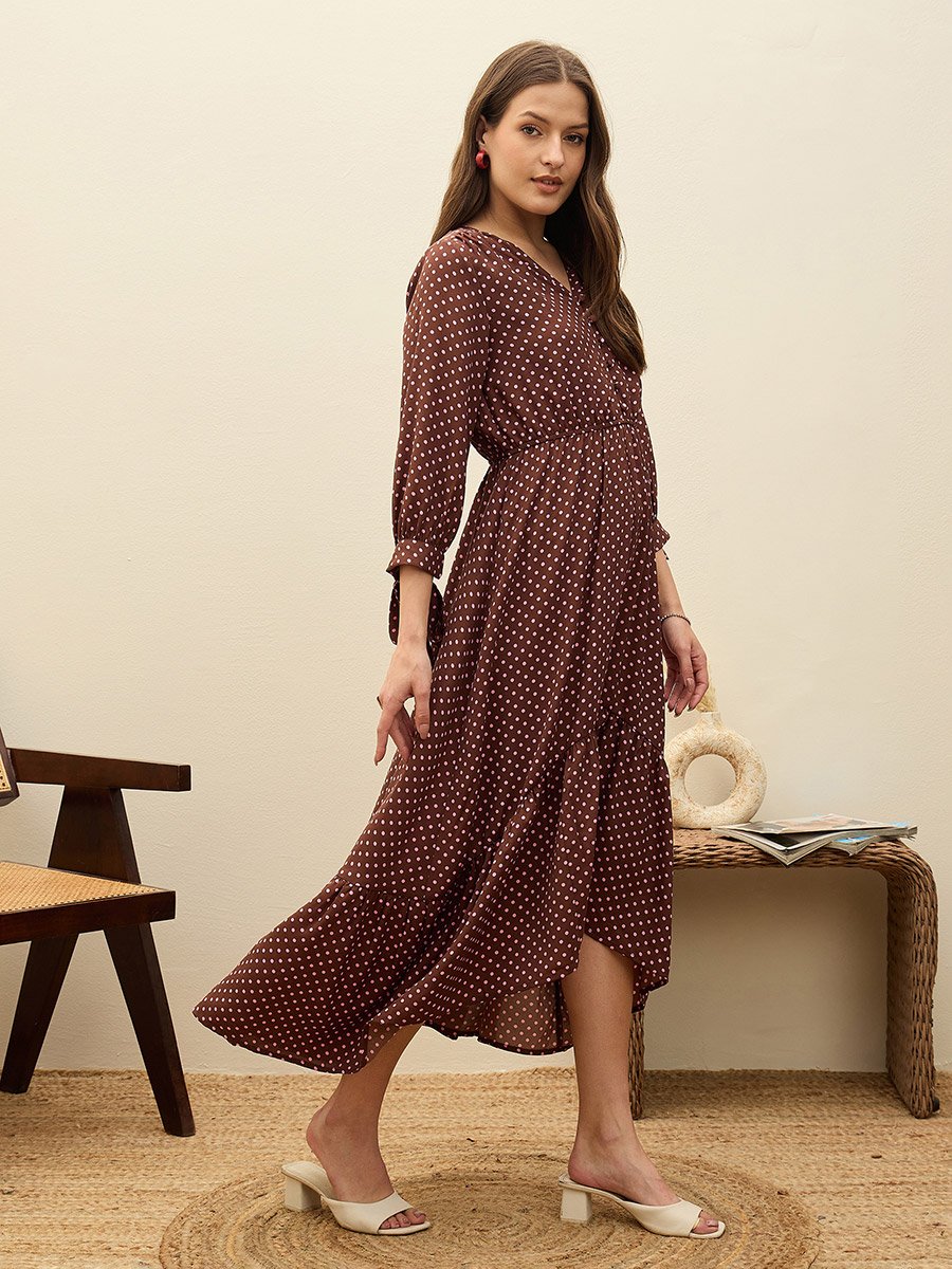 Brown Polka Dot Asymmetric Hem Maxi Dress