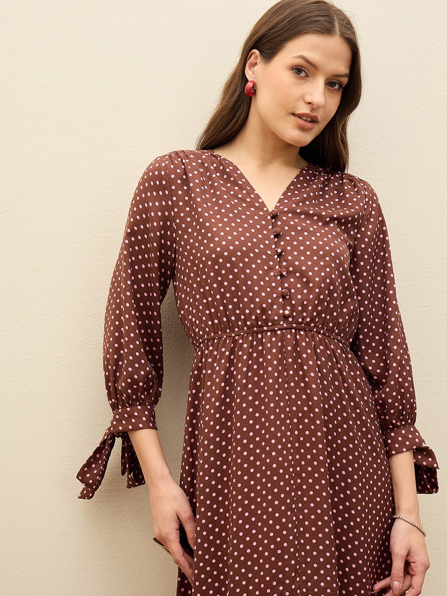 Brown Polka Dot Asymmetric Hem Maxi Dress